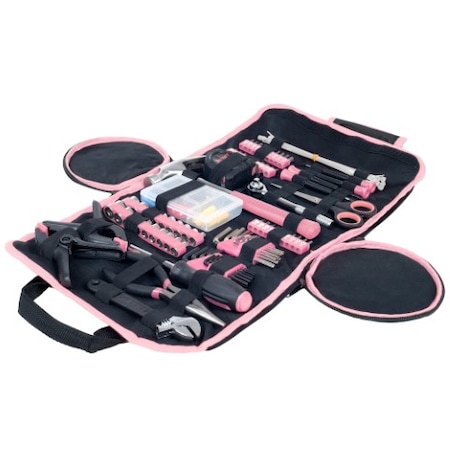 Fleming Supply 86-piece Household Hand Tools Set with Roll-Up Bag, Hammer, Wrench Set, Screwdriver Set, Pliers, Pink 739988BTV